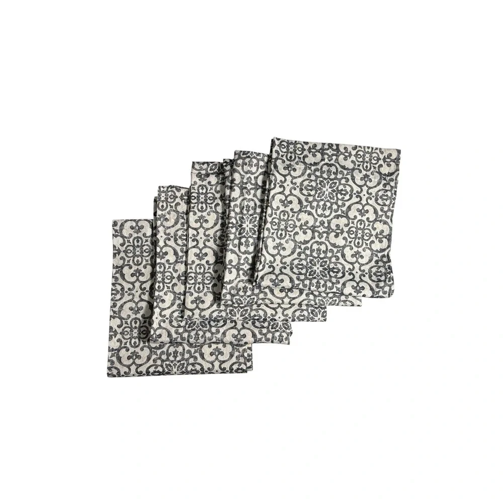 Set of 5 Medallion Print Curtains Panels Black Cream Pattern 62 Long Lot Neutral